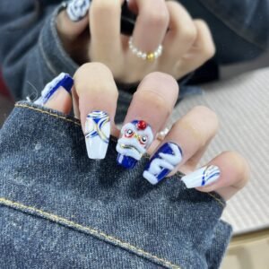 Chinese Dancing Lion White And Blue Nails