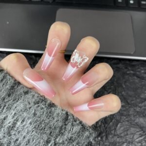 Clear Butterfly White French Pink Ombre Dip Nails