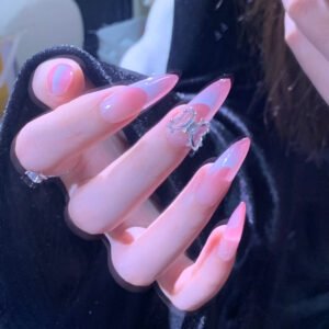 Clear Butterfly White French Tip Pink Ombre Almond Nails