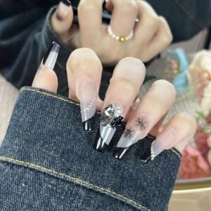 Floral Edgy Black French Tip Coffin Nails