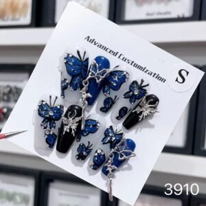 Handpainted Butterfly Coffin Royal Blue Nails with Diamonds