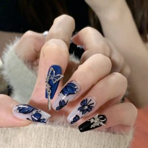 Handpainted Butterfly Coffin Royal Blue Nails with Diamonds