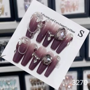 Rhinestones Chain Purple Ombre Nails With Glitter