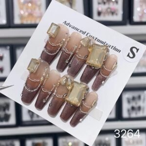 Rhinestones French Tip Brown Ombre Glitter Dip Nails