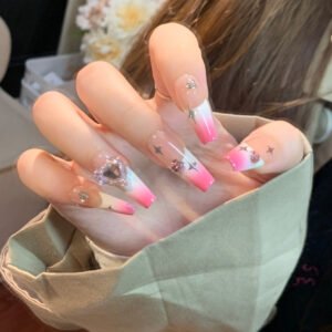 Stars White Clear French Tip Summer Hot Pink Nails