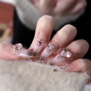 Sweetheart Rhinestones Pearls Pink Clear Almond Nails French Tip